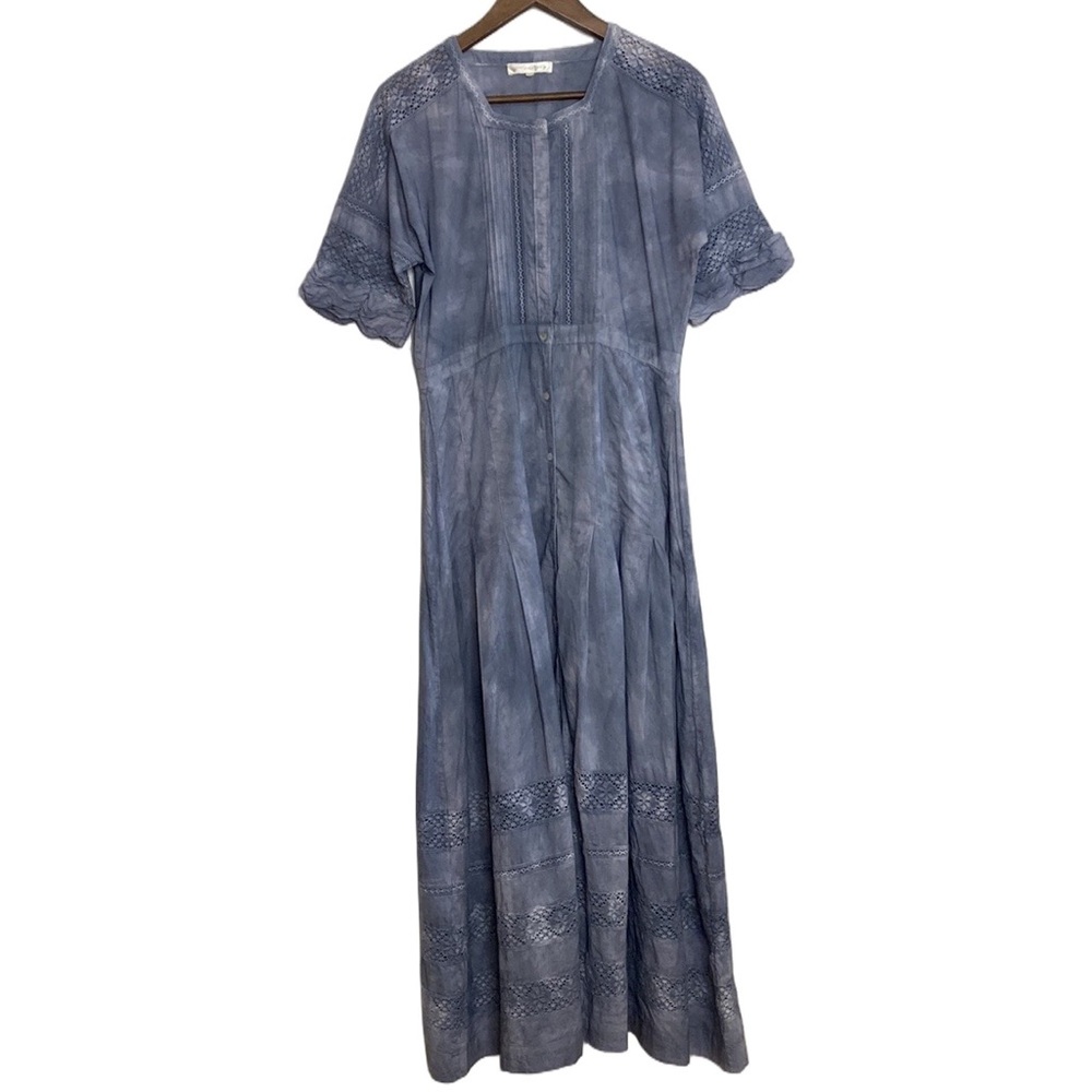 LoveShackFancy Dress Womens Medium Blue Cotton Long Maxi Short Sleeve Crochet